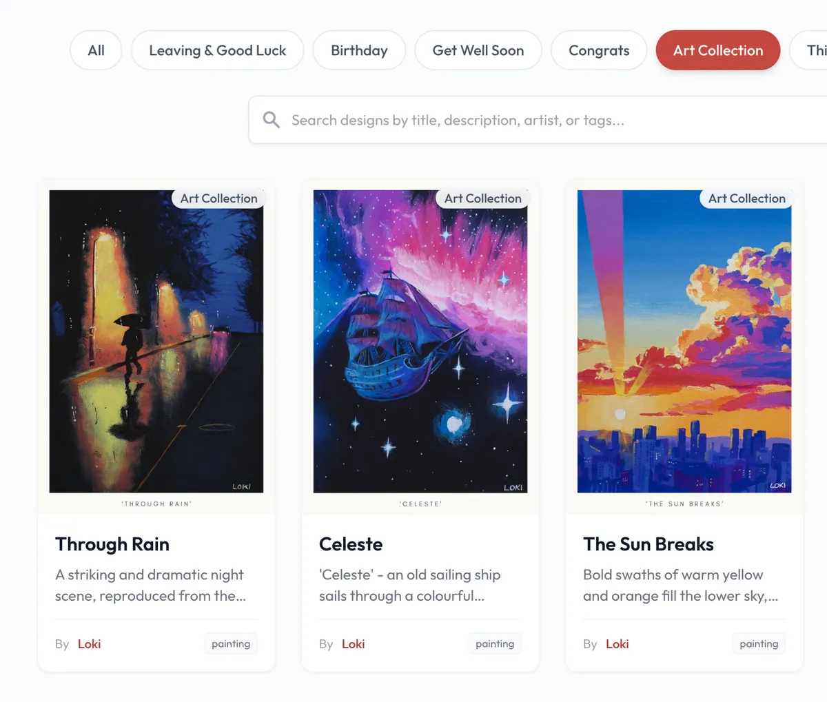 Art Collection Cards Listing