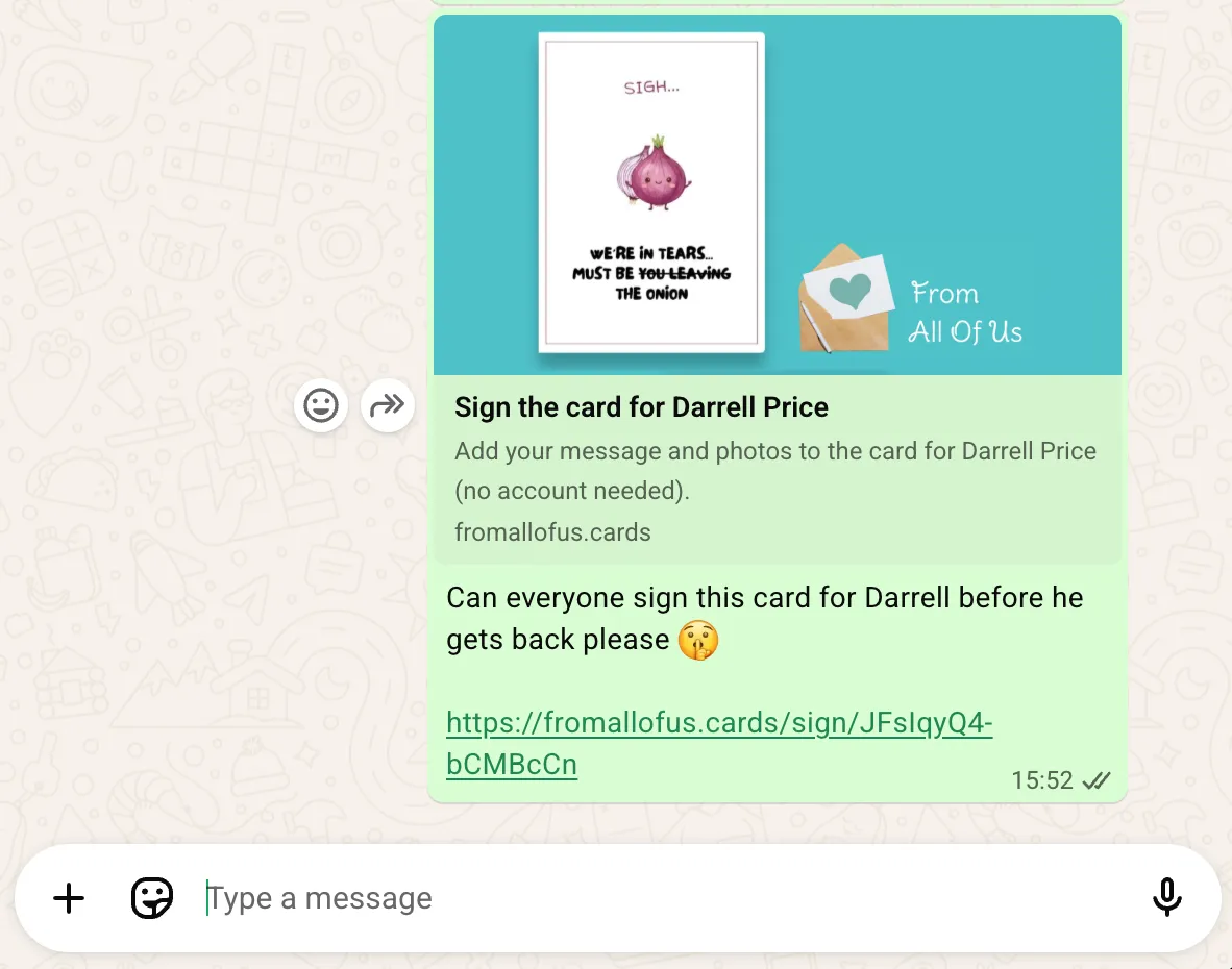 The new card signing preview displayed in WhatsApp