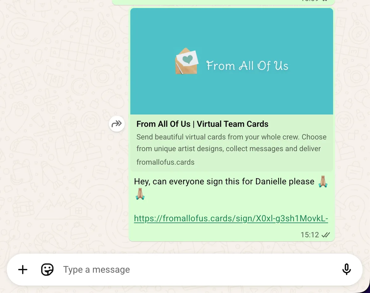 The old card signing preview displayed in WhatsApp