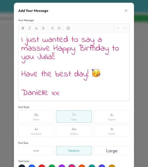 Screenshot of signing a card